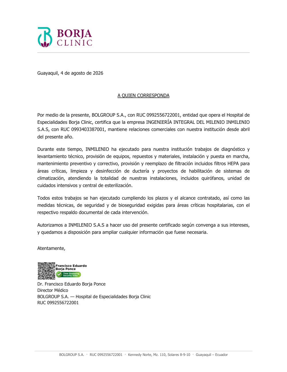 Certificado de referencia comercial del Hospital de Especialidades Borja Clinic (BOLGROUP S.A.) para Inmilenio