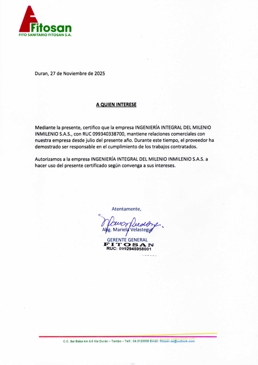 Carta de referencia de Fito Sanitario Fitosan S.A. para Inmilenio