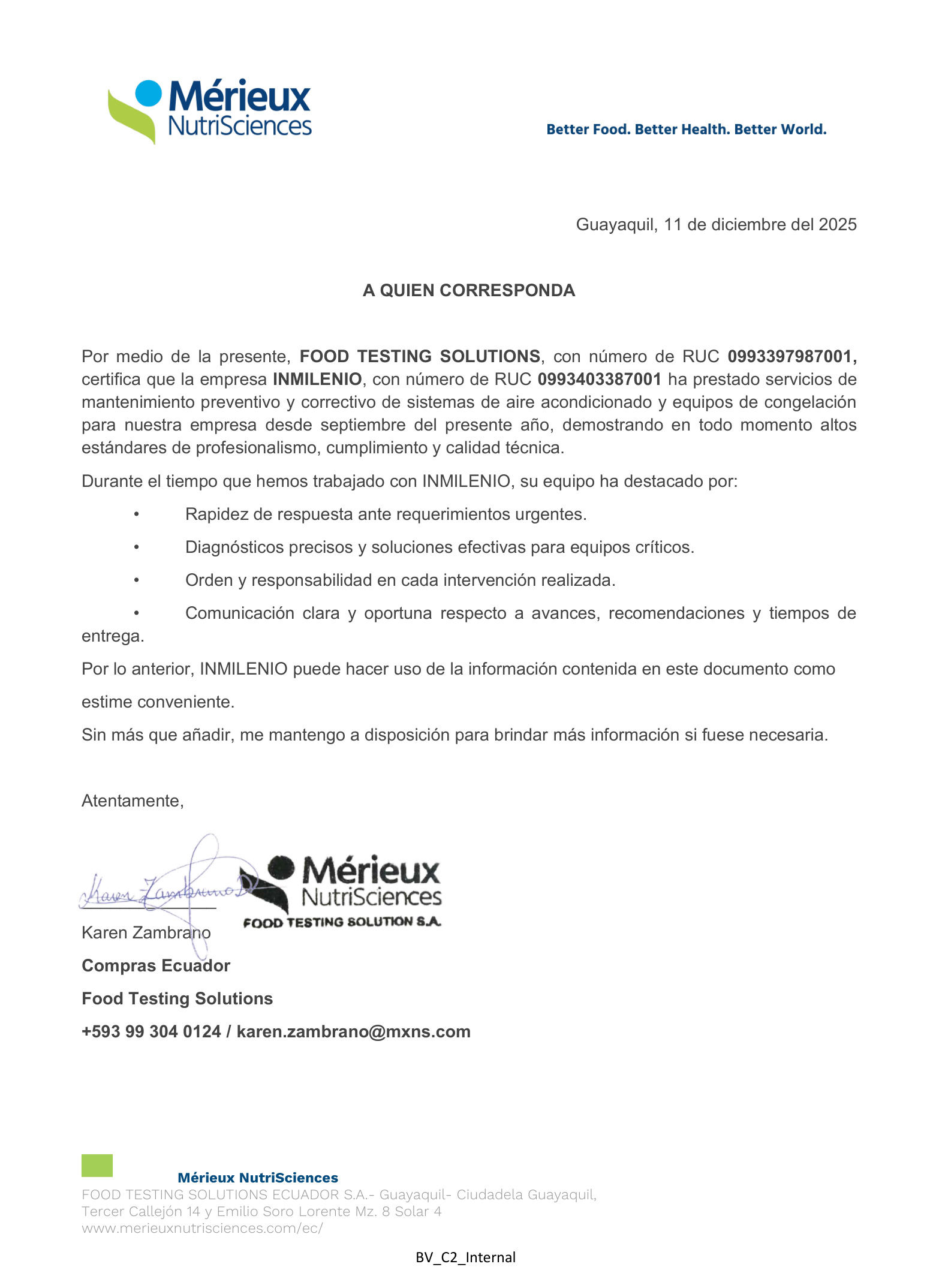 Carta de recomendación de Mérieux NutriSciences para Inmilenio